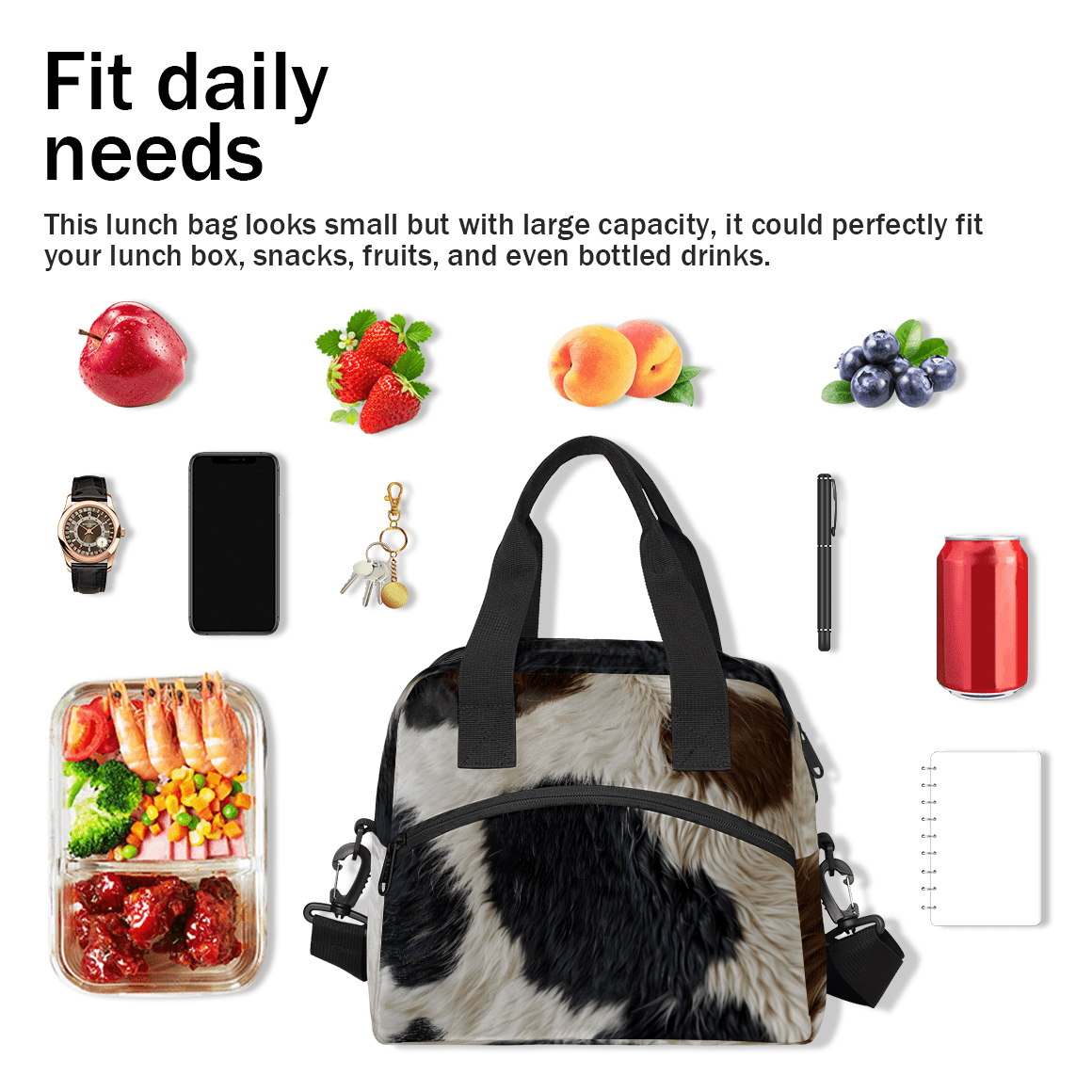 Herdesigns Brown Cow Insulated Lunch Bag for Women Men Adults Large Reusable Lunch Box Leakproof Portable Cooler Tote Bags with Adjustable Shoulder Strap