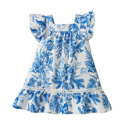 

Girls Dresses Summer Flower Print Square Collar Small Flying Sleeve A Swing Skirt Casual Going Out For 0 To 5 Years Baby Girl Clothes