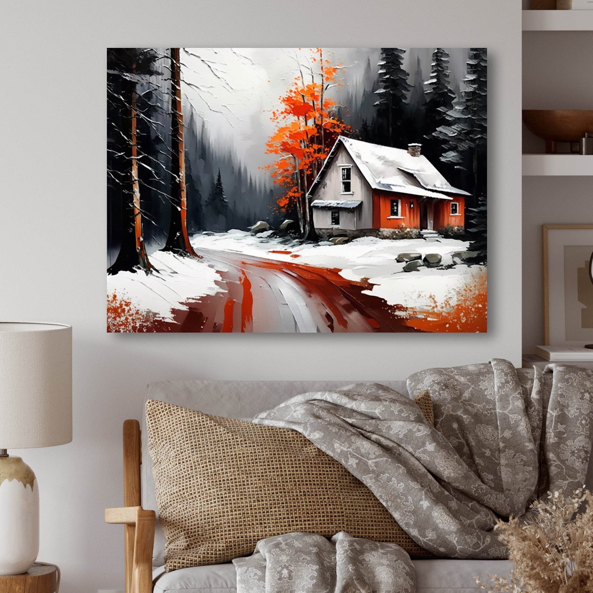 Designart Monochrome Orange Cottage In Winter IV Canvas Wall Art