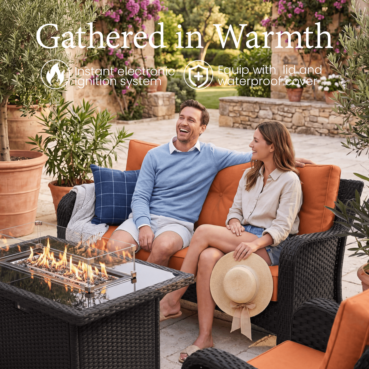 LayinSun 5 Pieces Patio Furniture Sets with Fire Pit Table, Outdoor Wicker Conversation Set with Swivel Chairs and 6" Thick Cushion for Deck Garden Backyar