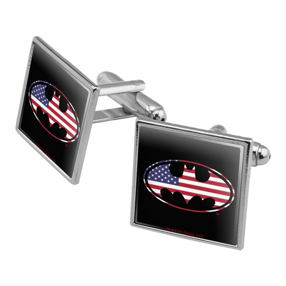 Batman USA American Flag Shield Logo Square Cufflink Set - Silver or Gold