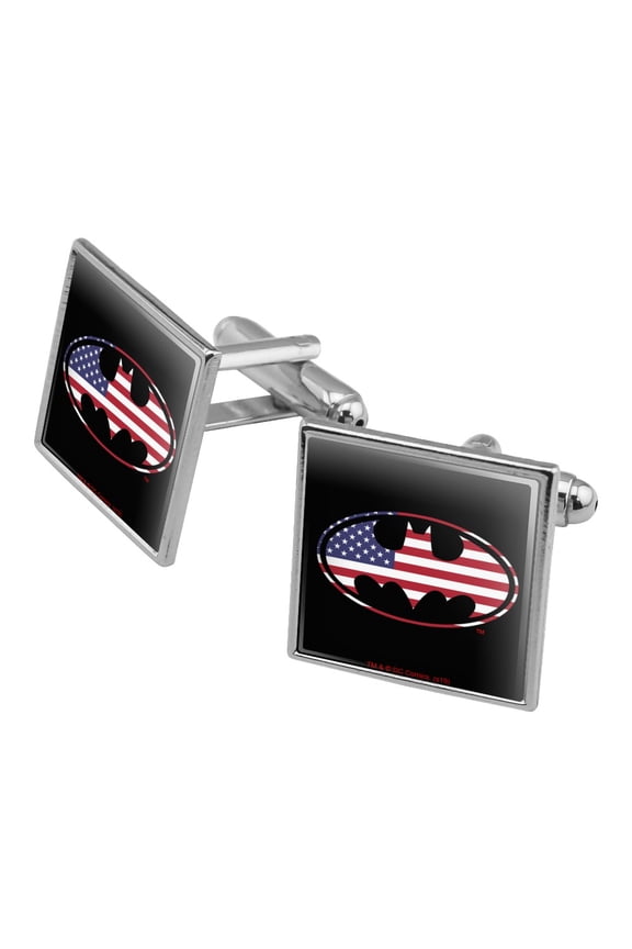 Batman USA American Flag Shield Logo Square Cufflink Set - Silver or Gold