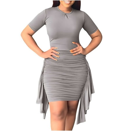 

Women s Ruffle Mini Dress Casual Short Sleeve Creawneck High Waist Solid Color Pleat Wrap Bodycon Dresses Plus Size Loose Slim Fit Cocktail Party Dress