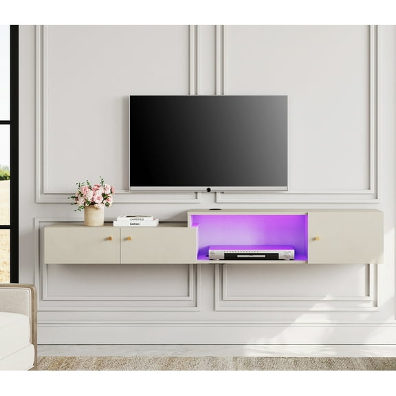 Floating Entertainment Center with Charging Station, Wall Mounted TV Stand with 16 Lights, Media Console Center with Storage, Modern Shelf Hanging Hutch Component Under TV,70''
