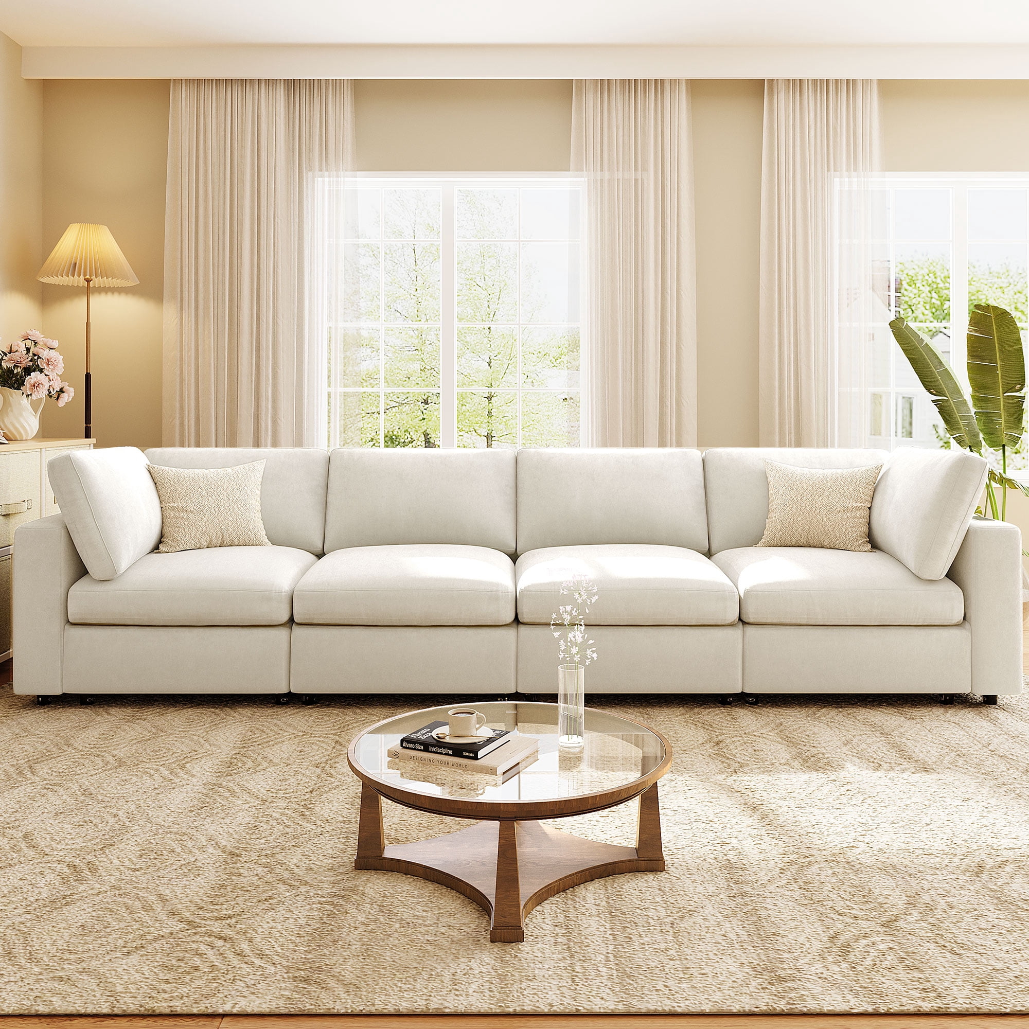 Harper & Bright Designs Modular Sectional Sofa with Storage, Free-combined Sectional Convertible Couch with SB Charge Ports, Wireless Charging and Built-in Bluetooth Speaker in Arm, Beige