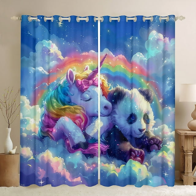 Unicorn Panda Window Drapes Block 30%-50% Light,Cartoon Animals Kitchen Window Treatments 42Wx63L Inches,Rainbow Cloud Decor Window Curtains