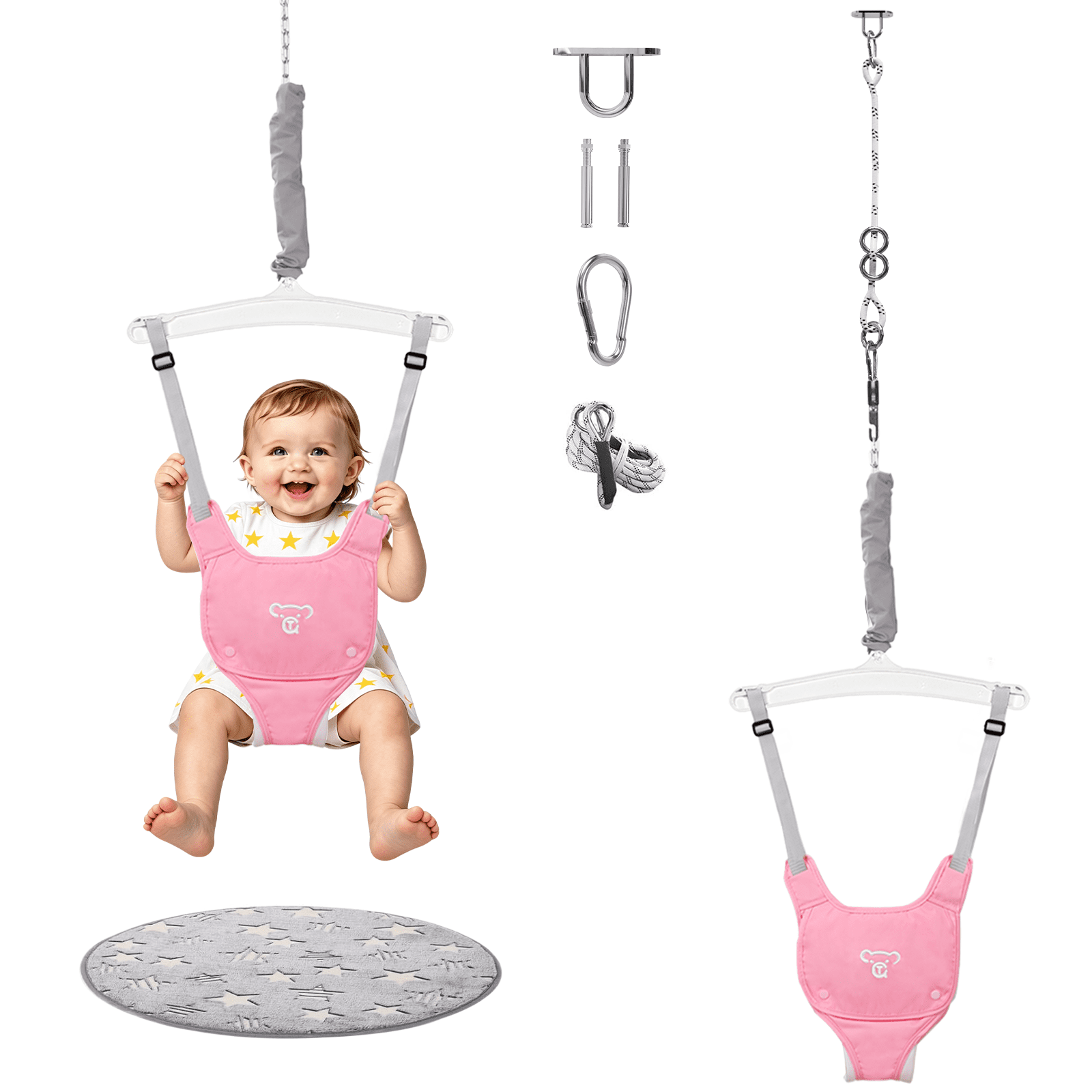 Baby Jumper, Baby Bouncer with for Infant & Toddlers, Baby Jumper Doorway Indoor/Outdoor, Adjustable Height, Pink