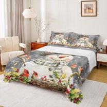 Manfei Xmas Snowman Full Size Sheets for Kids Boys Girls, Winter Snowflakes Cardinal Bird Bed Sheets, Gray Happy New Year Gifts Sheet Sets, Microfiber Bedroom Decor 4-Piece