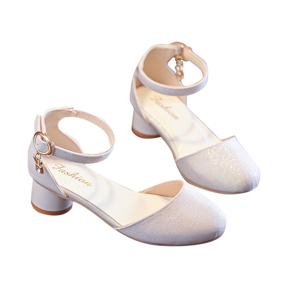 Xfvqtps New Kids Girls Dress Shoes Block Round Low Heels Ankle Buckle Rhinestone Pendant Glitter Sparkling Ballet Performance Wedding Party Casual Mary Jane Princess Shoes Beige