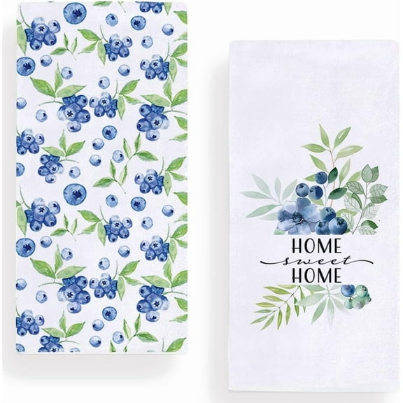 Home Sweet Home Watercolor Blueberry Kitchen Towels Dish Towels, 18x26 Inch Spring Summer Blue Decoration Hand Towels Set of 2
