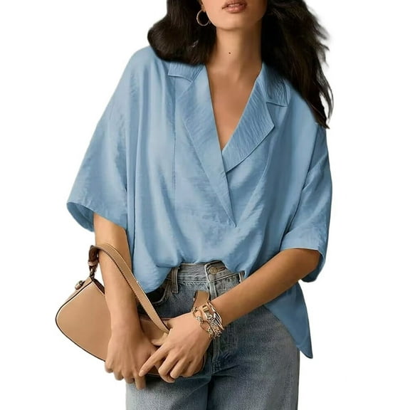Women Dressy Casual Blouse Business Short Sleeve Collared Tops Placket V Neck Work Shirt Sky blue L