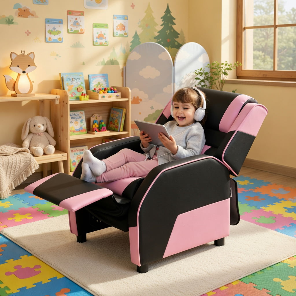 Barara King Kids PU Leather Recliner Chair with Headrest and Footrest, Kids Gaming Sofa Recliner Chair for Living Room, Bedroom, Pink