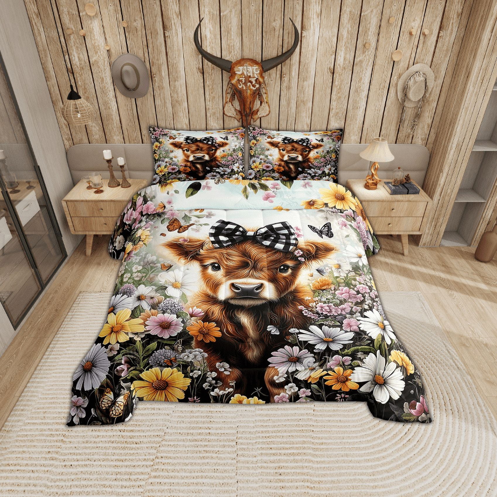 Erosebridal Cute Highland Cow Bedding Sets Twin with Comforter, Colorful Garden Flower Duvet Insert, Reversible 2 Pieces