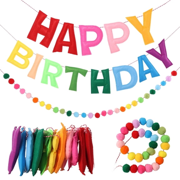3Pcs Happy Birthday Banner Reusable Wool Ball Garland Pre Strung Happy Birthday Banner Sign for Party Backdrop Decorations