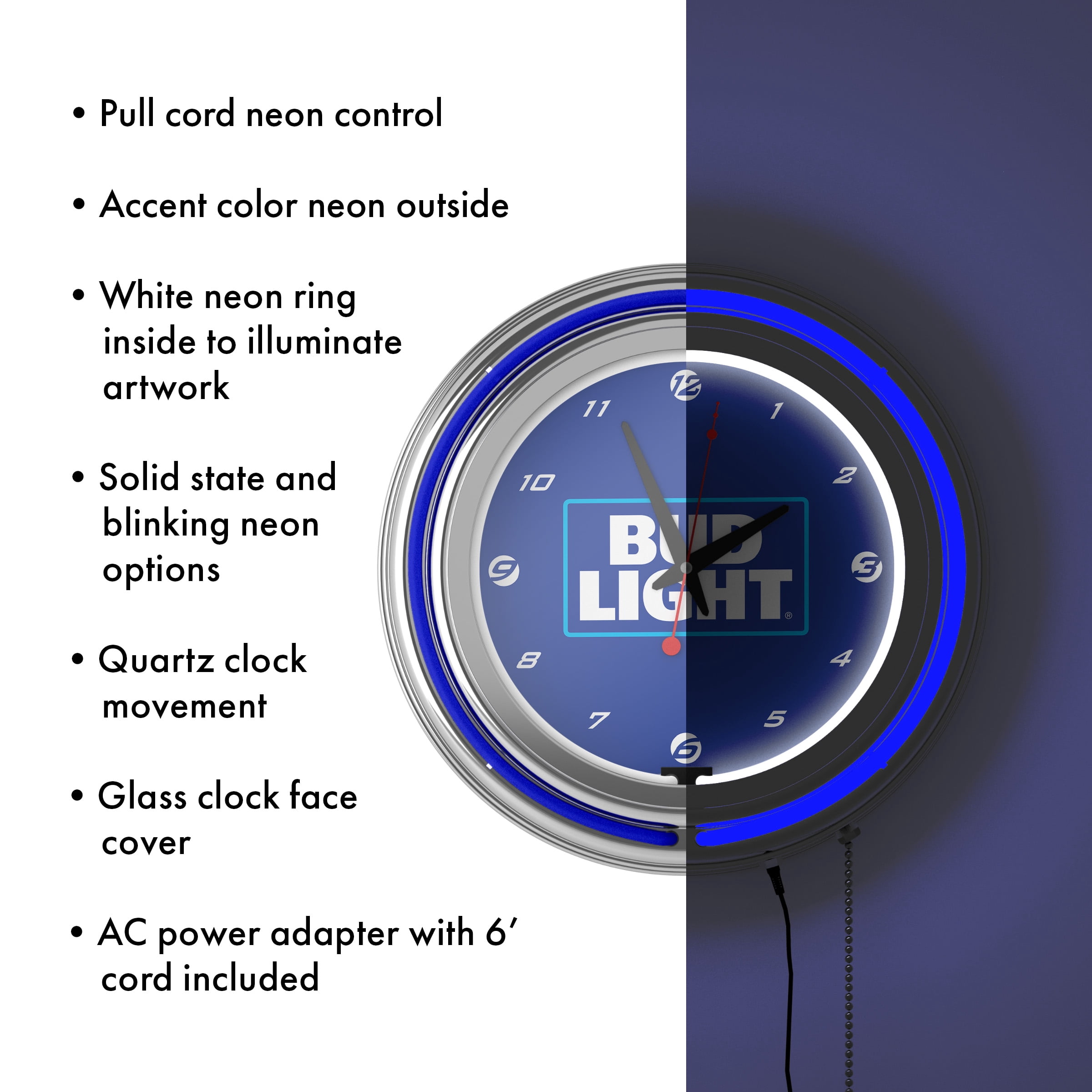 Bud Light Blue Retro Neon Analog Wall Clock with Pull Chain