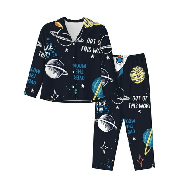 Balery Space Conjunto de Pijama con Estampado para Mujer, Conjunto de Dos Piezas con Manga Larga, Ropa de Dormir Suave con Bolsillos, Pijamas Cómodos-Large