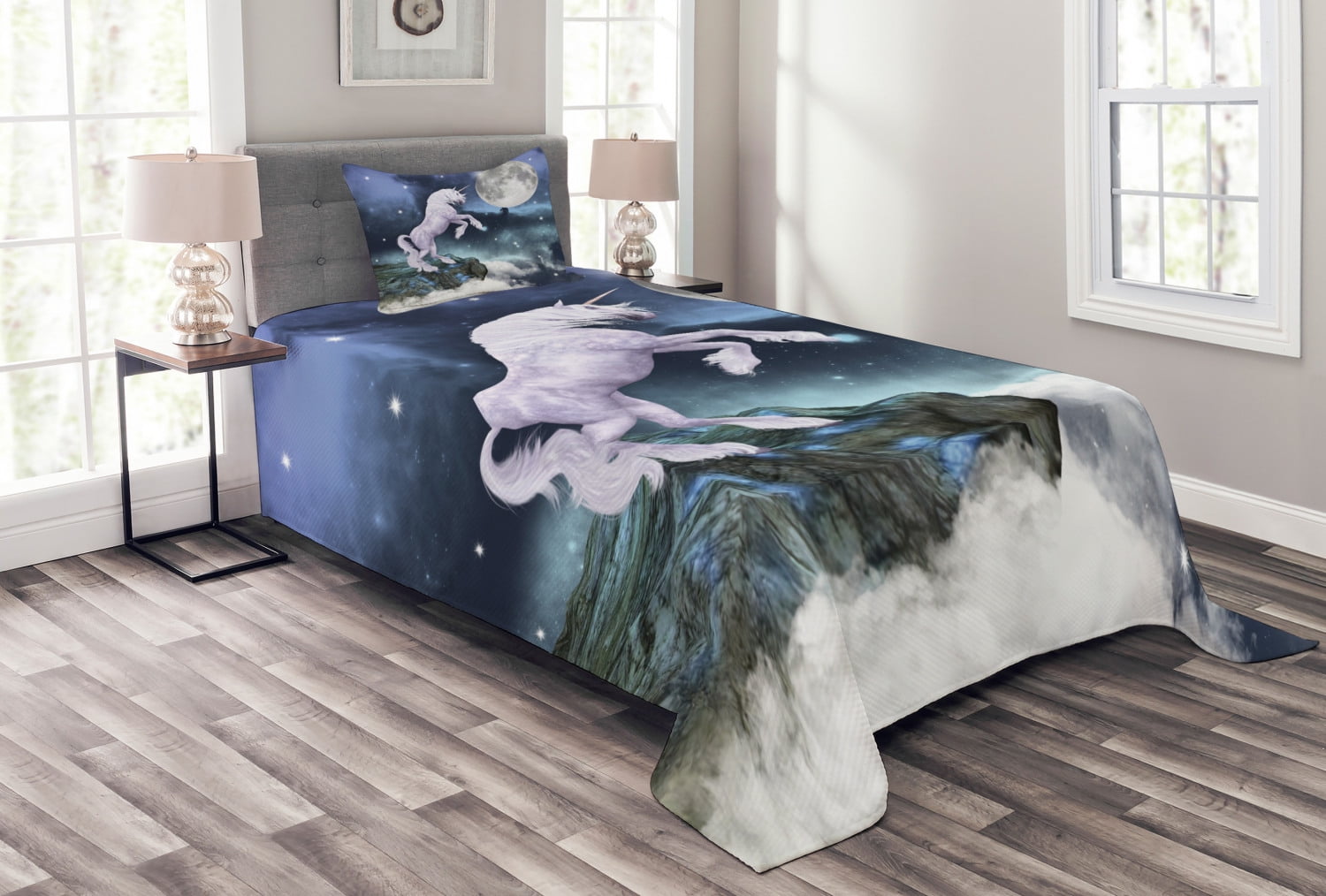 Unicorn Bedspread Set, Legendary Creature Up Cliffs Rocks in Full