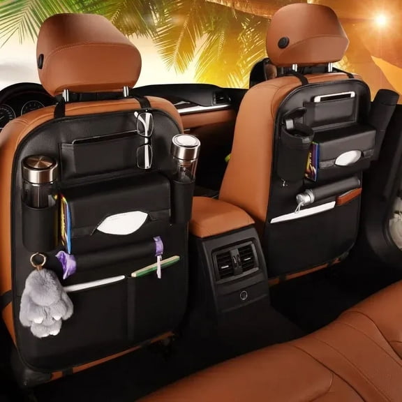 Car Seat Back Organizer 2 Pack, PU Leather Backseat Storage Organizer with Multi Pockets, Universal Car Seat Storage Bag for SUV Truck (Black)