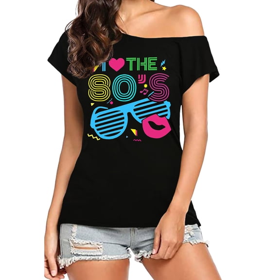 WEIWEN 80s Outfit for Women Retro Off The Shoulder Tops Summer Short Sleeve Disco 80s 90s Theme Party T Shirts Black Size S