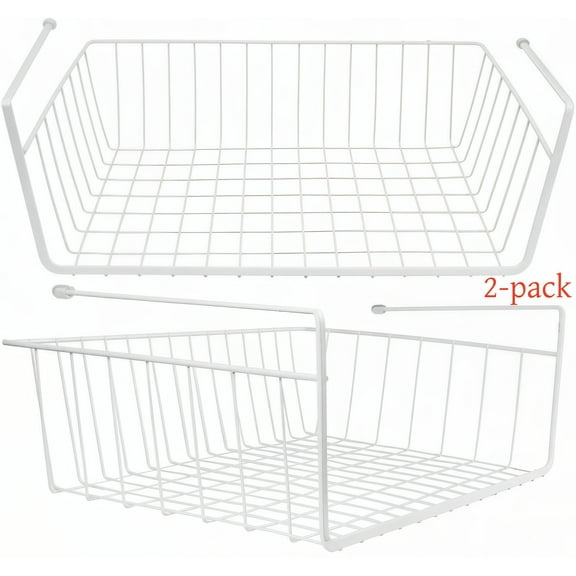 CycForge Under Shelf Storage Basket, Under Cabinet Hanging Metal Wire Storage Wire Basket Organizer Fit Dual Hooks for Kitchen Pantry Desk Bookshelf Cupboard (2 Pcs, White)