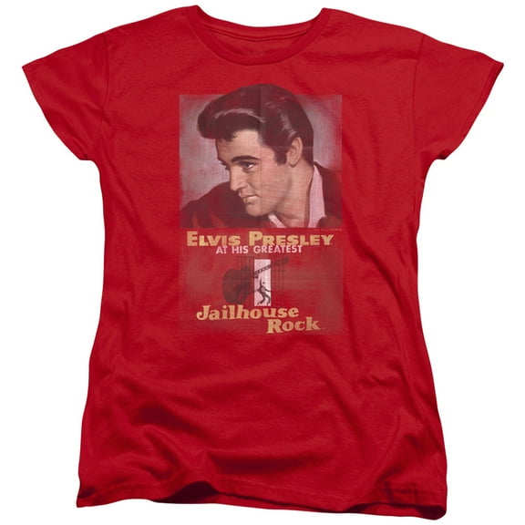 Trevco ELV733-WT-3 Elvis Presley & Jailhouse Rock Poster Short Sleeve T-Shirt for Womens, Red - Large