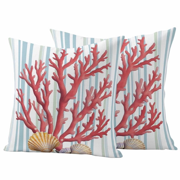 Red Coral Outdoor Waterproof Pillow Covers, Coastal Shell Summer Beach Stripe Nautical Decorative Square Throw Pillowcase Sofa Cushion Sham for Patio/Couch/Chair, 18"x18" 2 Pack