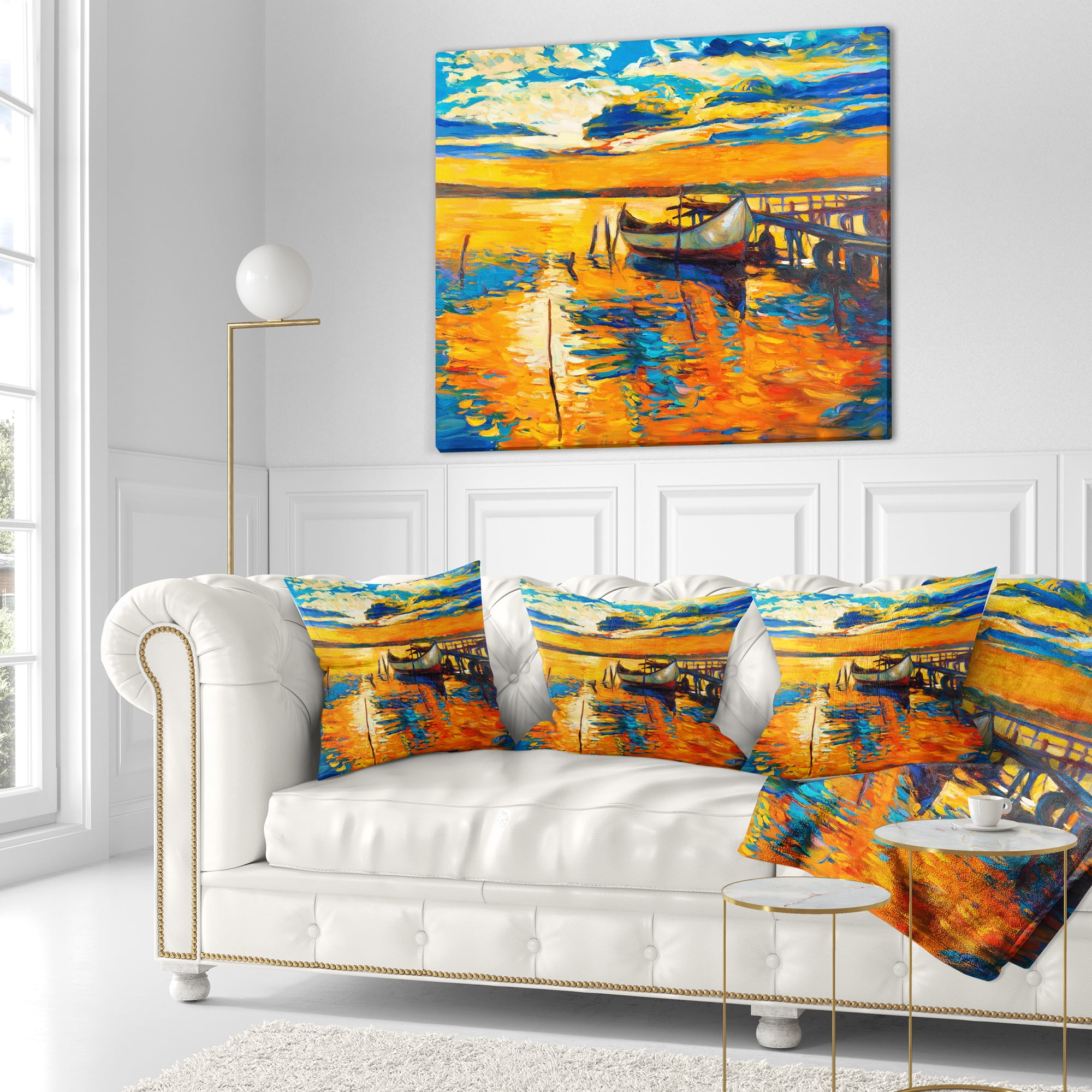 Designart Boat and Jetty at Sunset - Landscape Printed Throw Pillow - 18x18