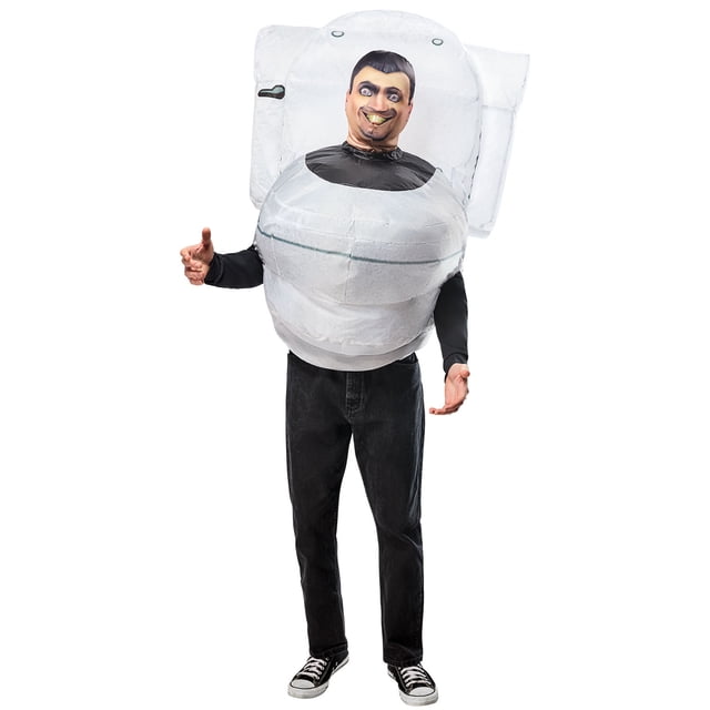 Adult male model wearing a Skibidi Toilet inflatable costume by Rubies, featuring a large white toilet design covering the torso.