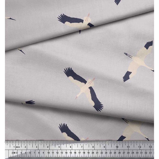 Soimoi Gray Poly Georgette Fabric Flying Stork Bird Fabric Prints By Yard 52 Inch Wide