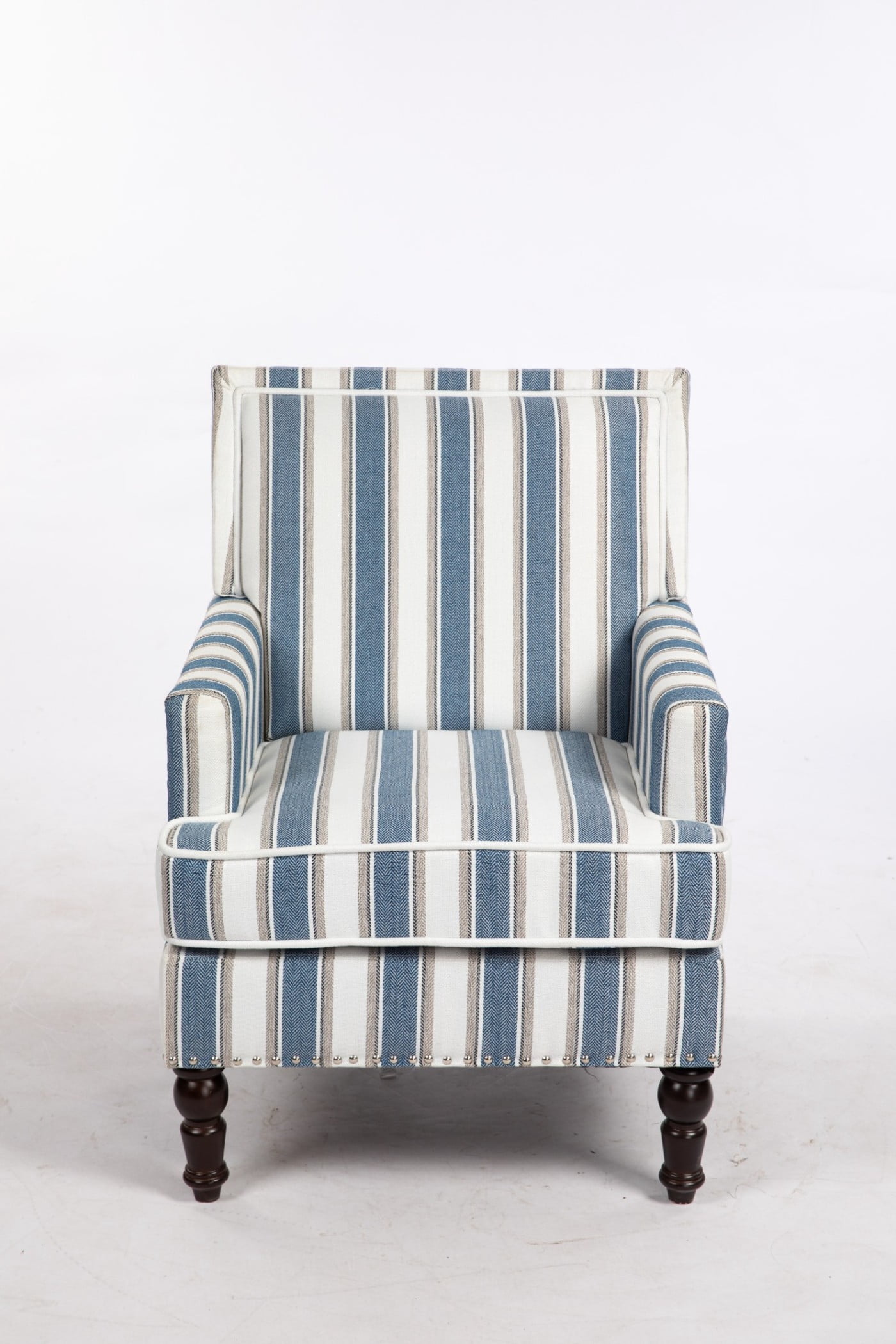 Upholstered Accent Chair with Nailhead Trim, Vintage Striped Linen Armchair, High-Density Foam Reading Chair with Solid Wood Legs for Living Room, Bedroom, Home Office, Blue & White