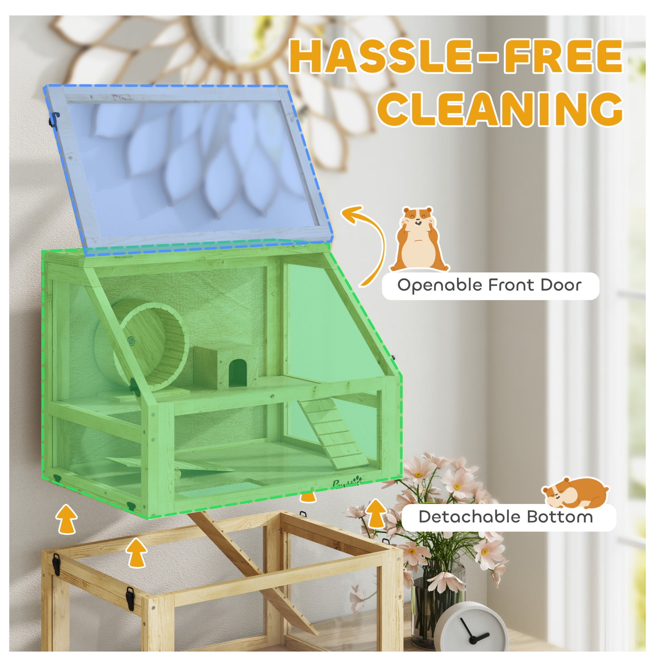 Hamster Cage 3 Tier Wooden w/Wheel, Hut & Seesaw - 24x16x29.5in - Small Animal Habitat for Hamsters, Gerbils & Mice
