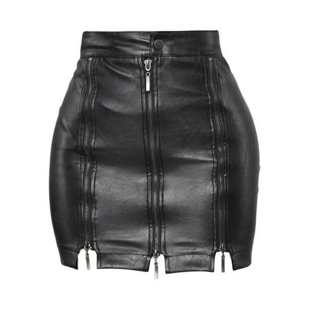 Falda de cuero sintético para mujer, falda cruzada Y2K con cremallera frontal, cintura alta, ajustada al cuerpo Negro