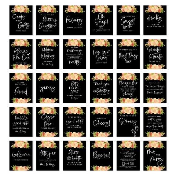 Koyal Wholesale Black with Spring Florals Wedding Signs Bundle Set for Ceremony, Reception Decor Signage, 30-Pack