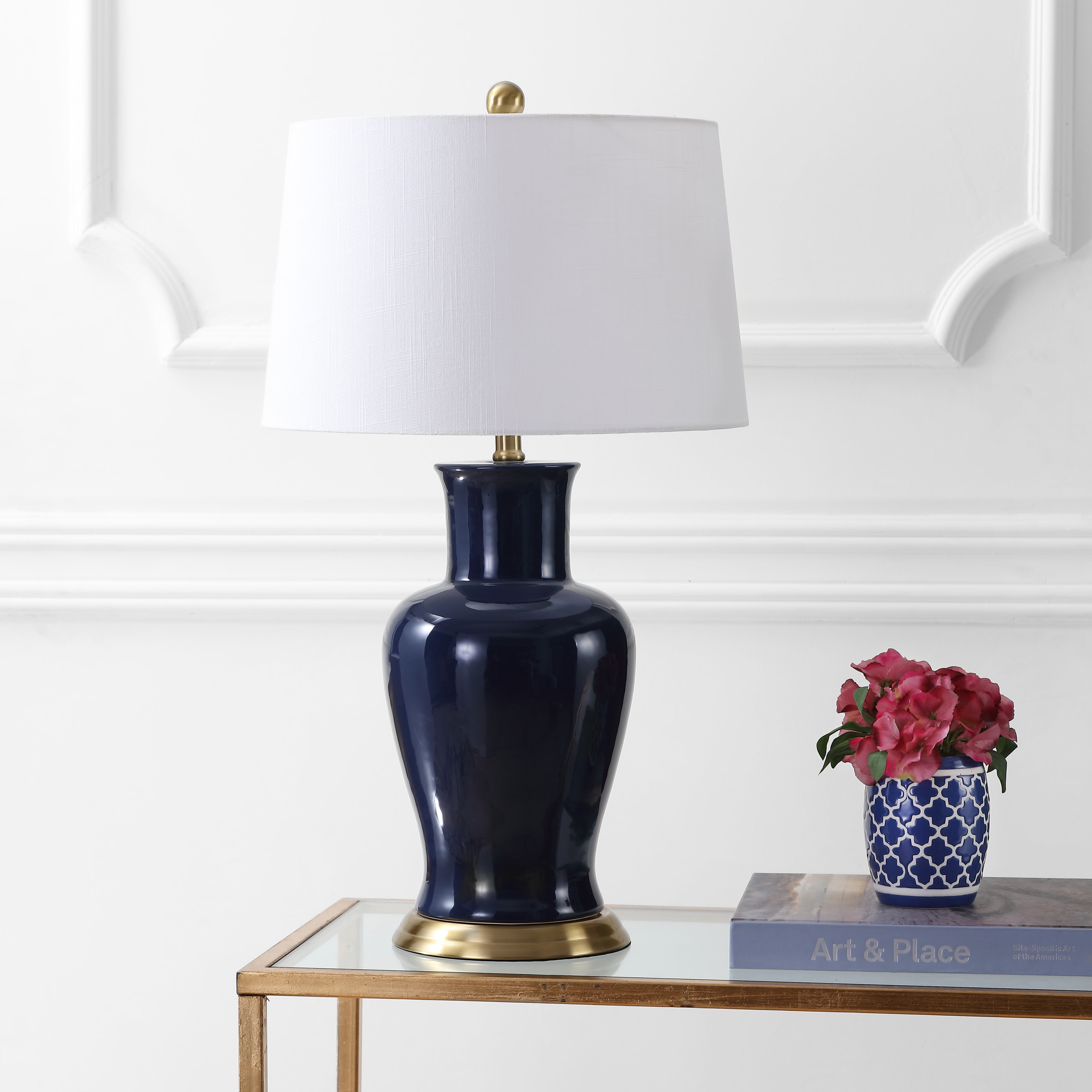 JONATHAN Y Julian 29" Traditional Classic Ceramic Urn LED Table Lamp, Navy, JYL4026B