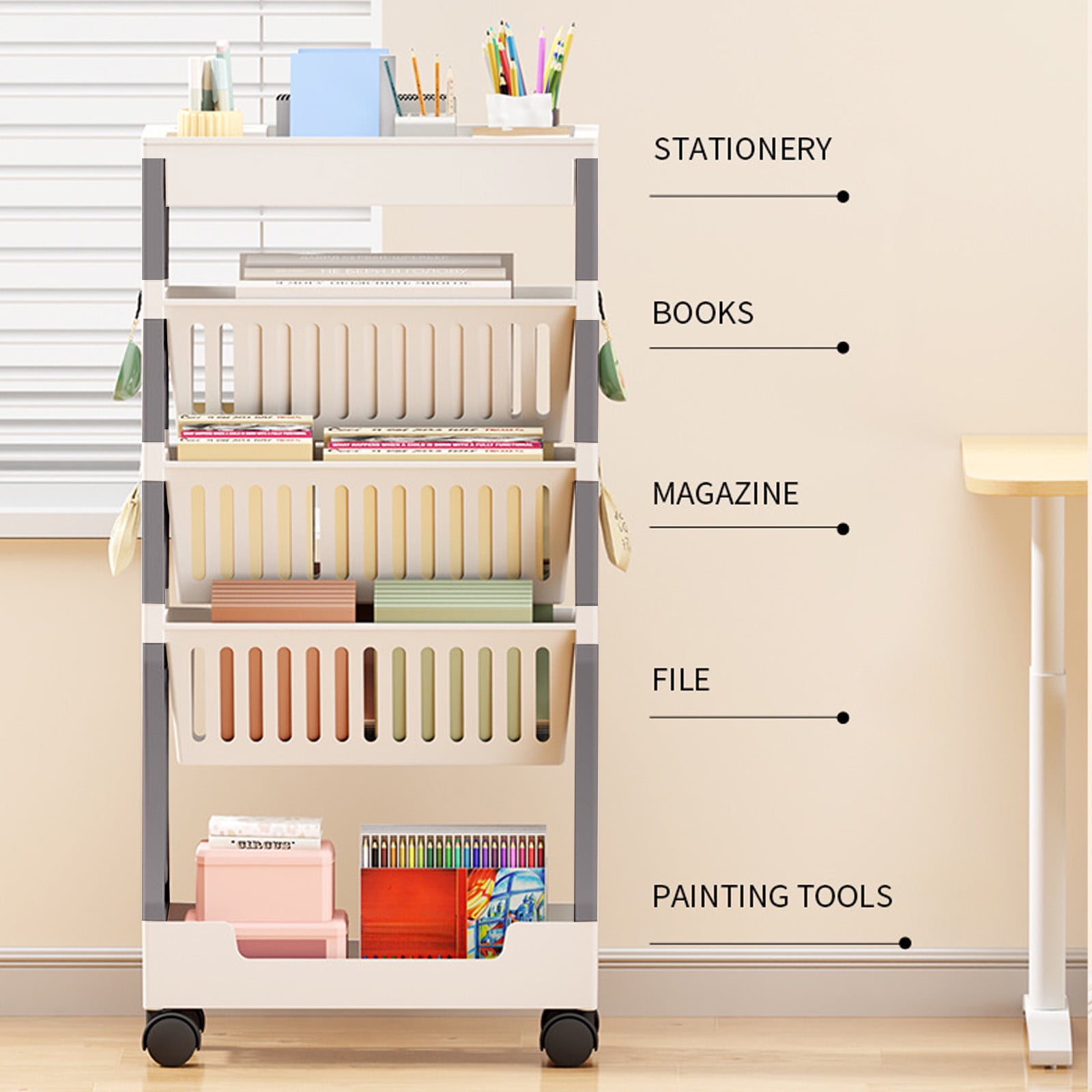 Kdkad Multi-Layer Rolling Storage Cart - Movable Classroom & Desk Organizer for Notebooks, Stationery Supplies | Sturdy Notebook Trolley with Locking Wheels, Space-Saving & Office Storage