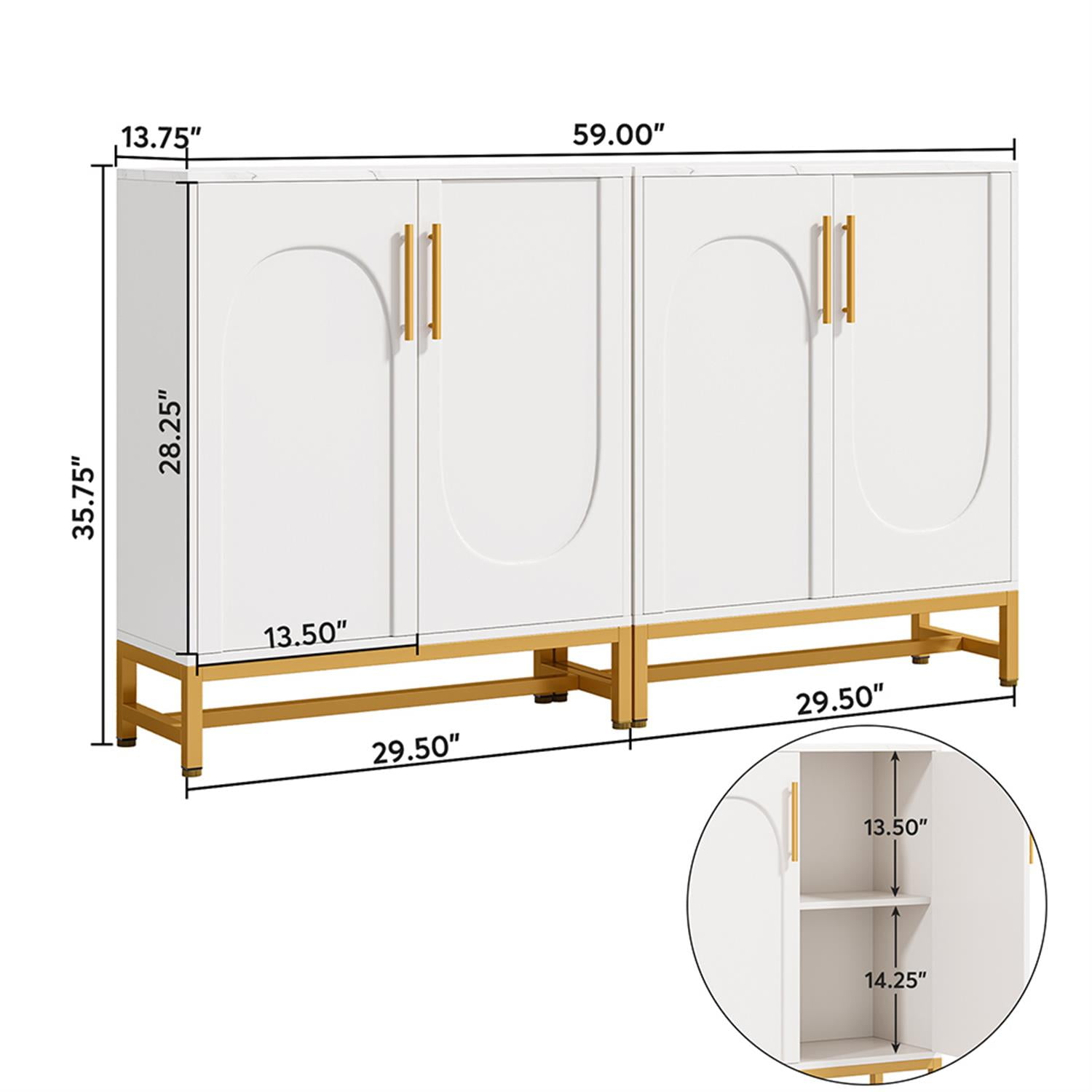 Demi Bonn Sideboard Buffet Storage Cabinet with Adjustable Shelves, Modern Credenza Accent Cabinet for Kitchen Entryway Living Dining Room, White
