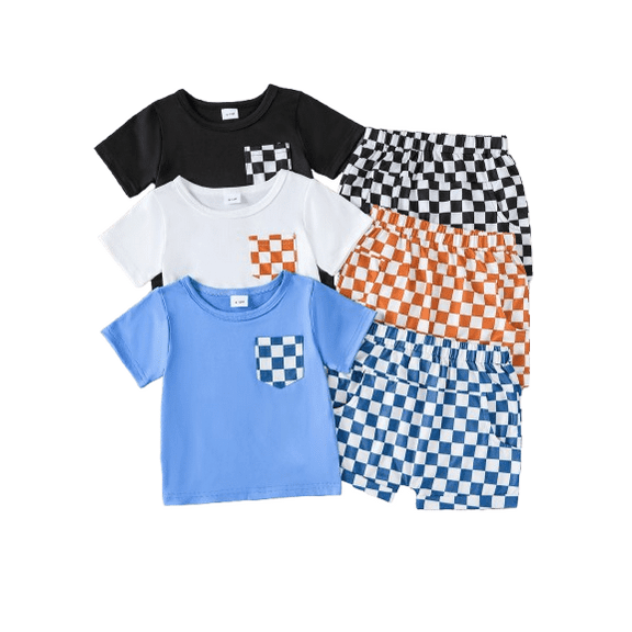 Mikrdoo 6-9 Months Newborn Baby Boys Essentials Set Summer Gift Sets Checker Tee Shorts Set 3-Pack Outfits 6pcs