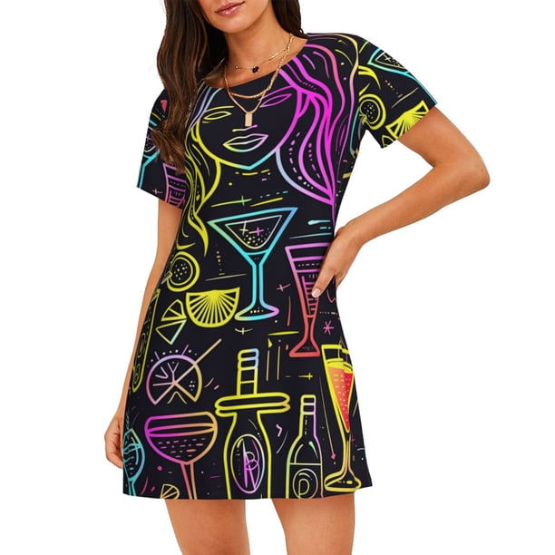 Fotbe Neon Bar Drinks Bata de Dormir para Mujer con Estampado, Camisón de Algodón de Manga Corta, Ropa de Dormir Casual