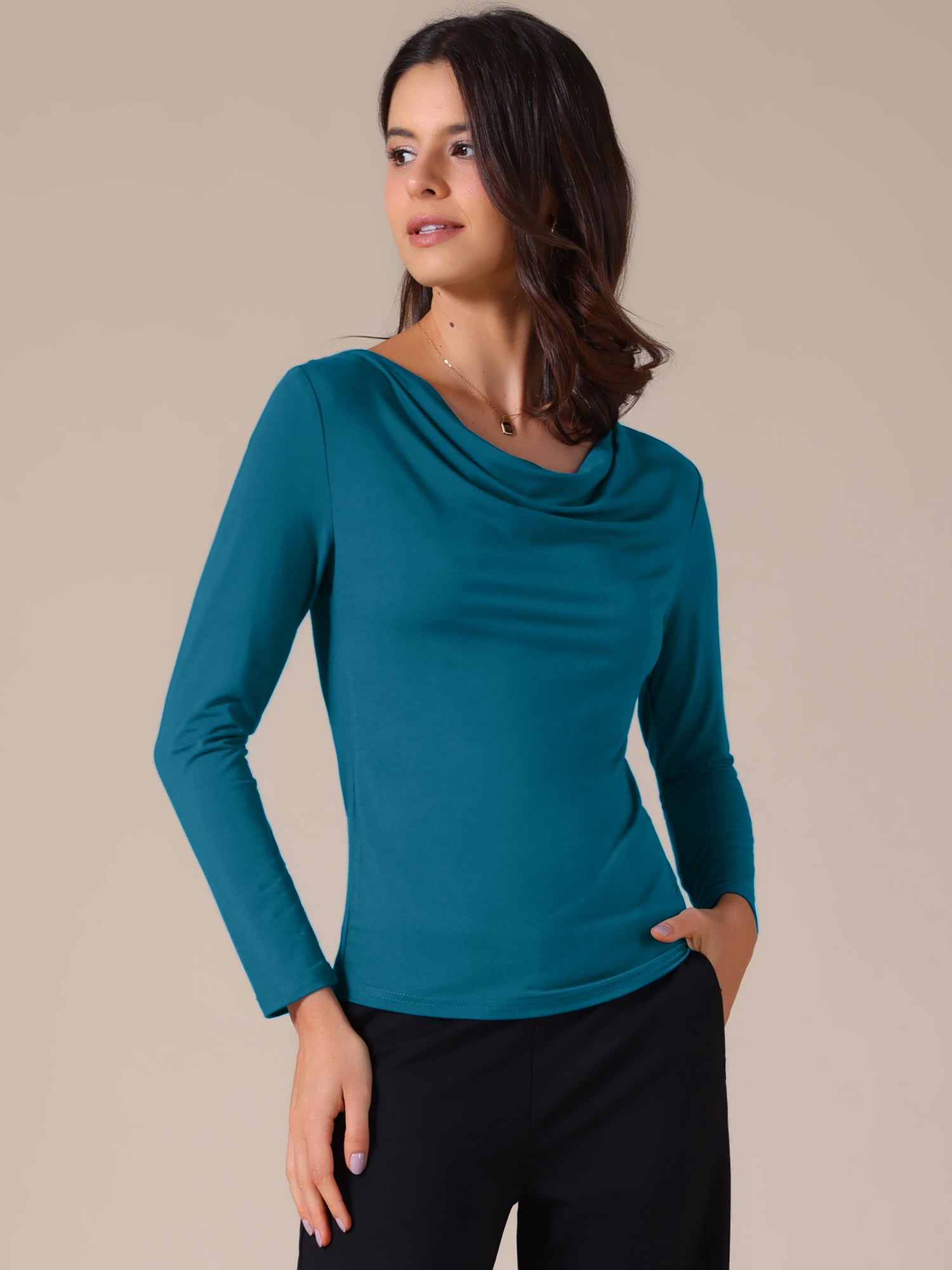 DARING DIVA Women's Cowl Neck Long Sleeves Fitted Layering Soft T-Shirt XL Peacock Blue