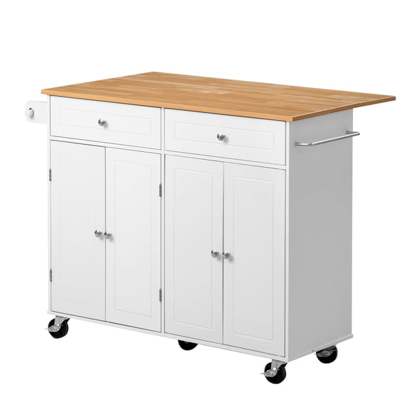 KFFKFF Kitchen Island Cart with Storage, 47.64-inch Wide Mobile Rolling Unit with Swivel Wheels, Featuring 2 Drawers, Storage Cabinet, Drop Leaf, Towel Rack, and Table for Home or Dining Room, White
