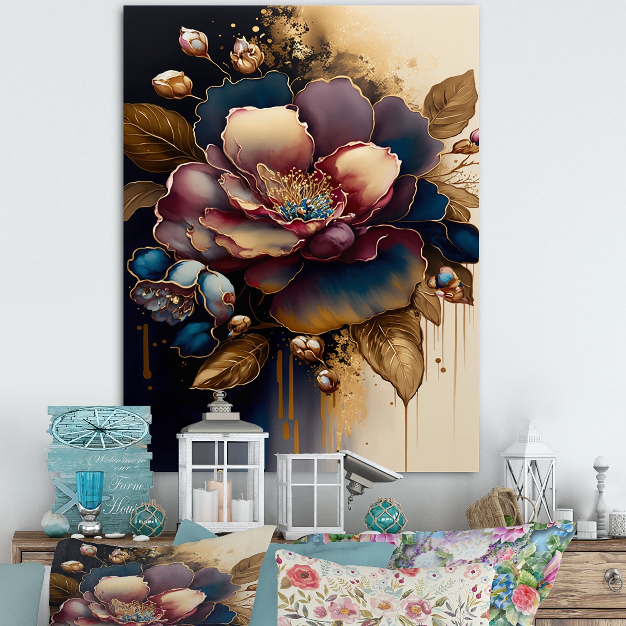 Designart Red And Gold Camellia Floral Design I Canvas Wall Art