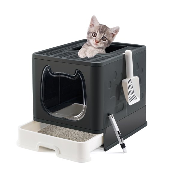 Suhaco Bac à Litière pour Chat à Entrée par le Haut, Bac à Litière pour Chaton Couvert avec Couvercle, Plateau à Litière Pliable pour Chaton Incluant Pelle à Litière pour Chat et 2-1 Brosse de Nettoyage, Nettoyage Facile (Noir)