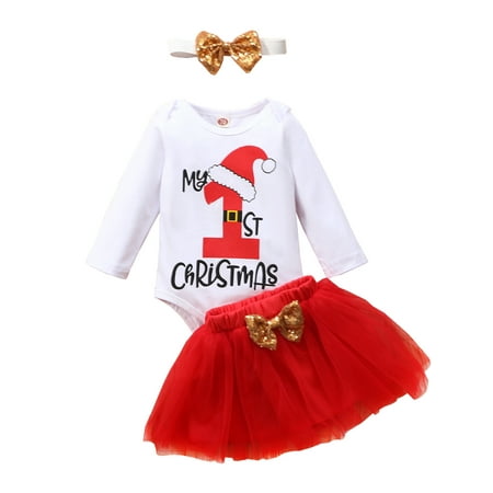 

Xiaoluokaixin Christmas Baby Girl’s Outfits Letter Romper + Sequin Bow + Gauze Skirt with Headband