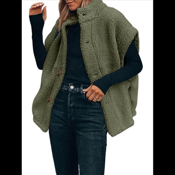 Chaleco de Felpa para Mujer, Informal, Extragrande, Cálido, con Botones y Bolsillos Verde S