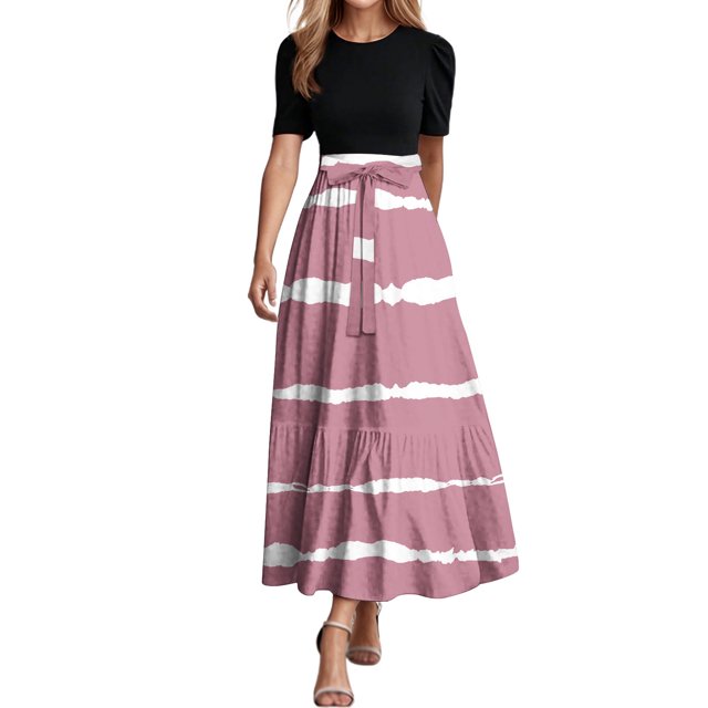 Summer Dresses For Women 2025 Floral Print Wrap Short Sleeve Maxi Dress Patchwork Ruffle Hem A Line Dress