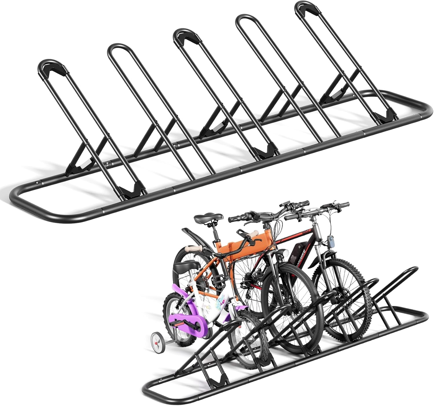 Floor Bike Rack for Garage, Indoor/Outdoor Bike Storage Stand Bicycle Parking Rack, for Mountain Bike, Road Bike and Kids Bike (Black, 5 Bike)