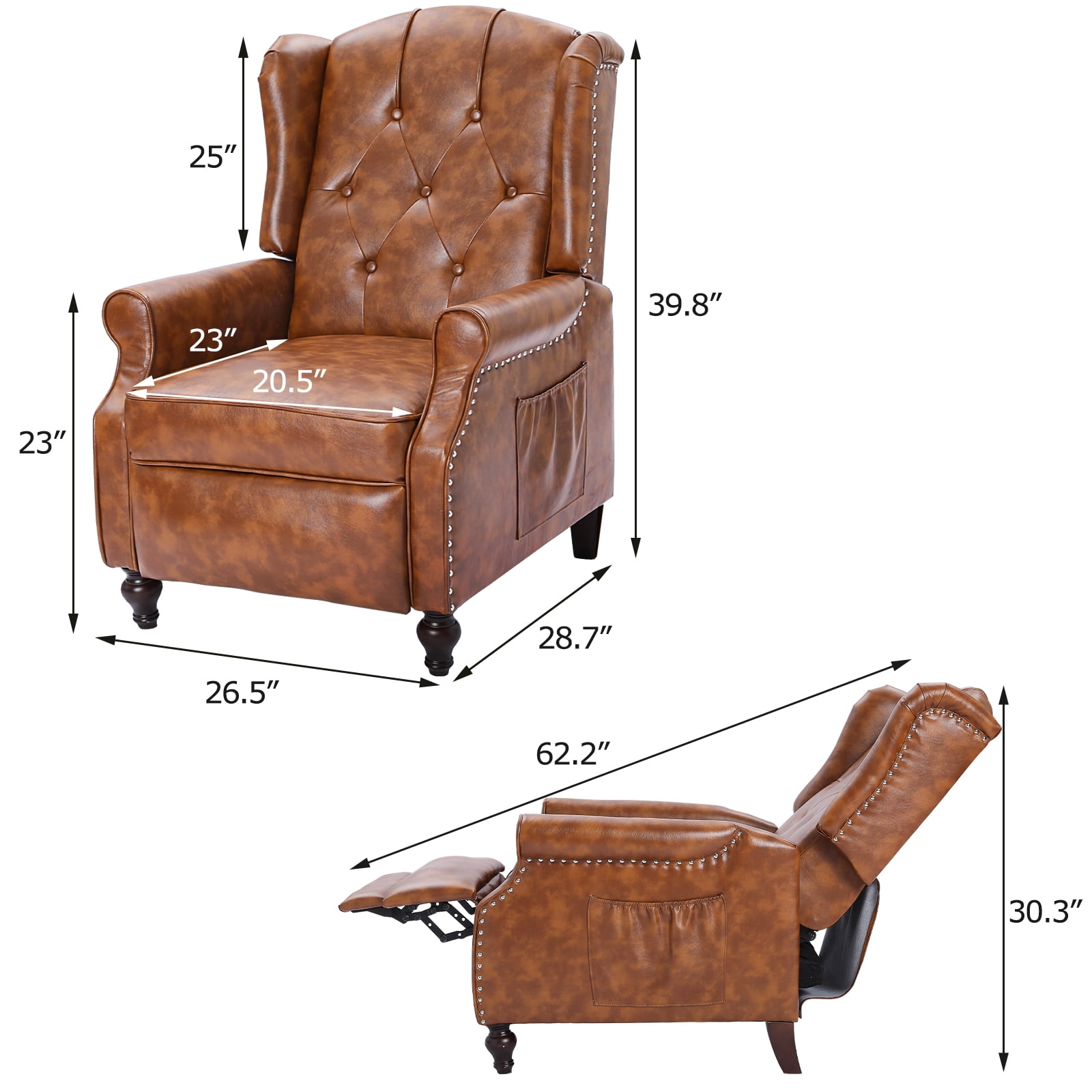 Recliner Wingback Chair - PU Leather Arm Chair Recline Heating Function, Adjustable Backrest,Brown