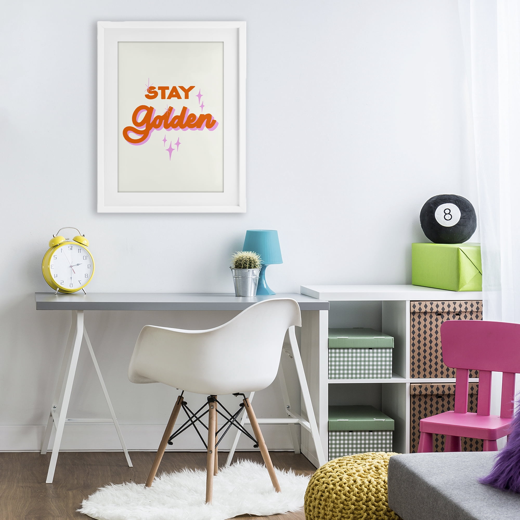 Stupell Industries Stay Golden Retro Letters White Framed Print Under Glass, design by Indira Prieto | IndySign