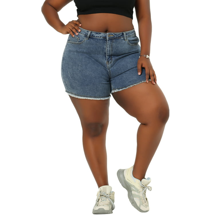 Unique Bargains Women's Plus Size Summer Denim Shorts Raw Hem
