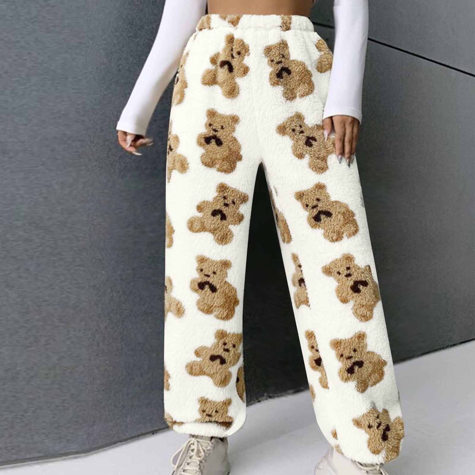 DeHolifer Womens Pants Teddy Bear Printing Fuzzy Baggy Lounge Sherpa  Sweatpants Soft Fleece Warm Winter Causal Full Length Pants White L 